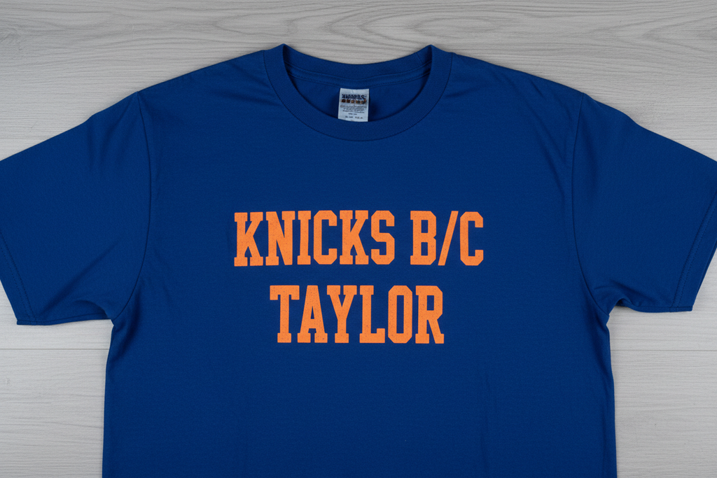 Blue t-shirt with orange Knicks b/c Taylor text